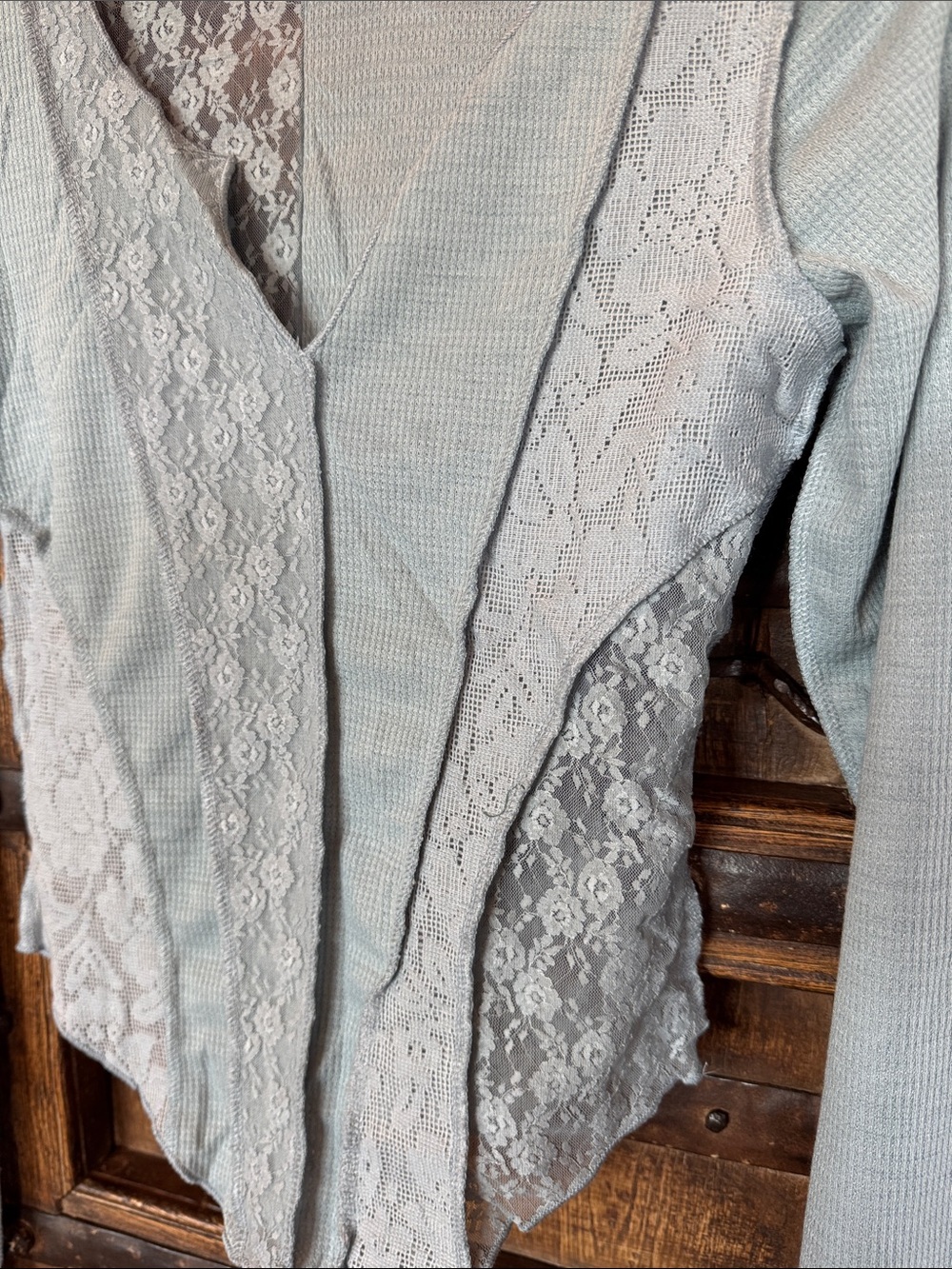 POL Light Blue Lace Panel V-Neck Long Sleeve Top - Picture 3 of 5